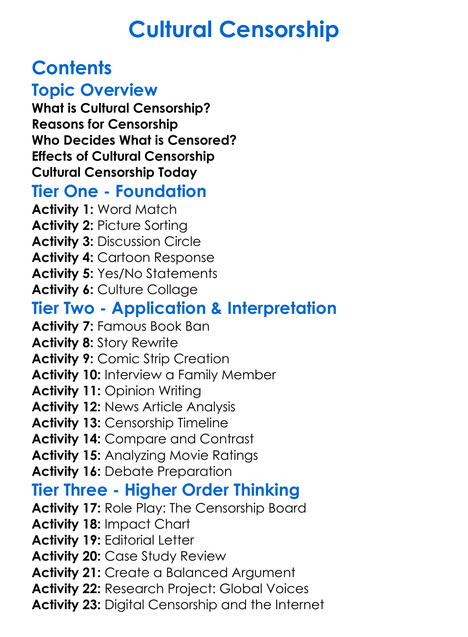 Cultural Censorship Worksheet Activity Booklet