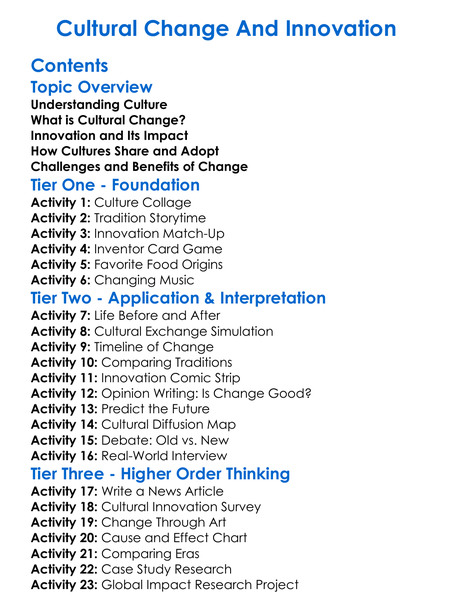 Cultural Change And Innovation Worksheet Activity Booklet