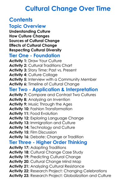 Cultural Change Over Time Worksheet Activity Booklet