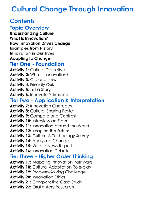 Cultural Change Through Innovation Worksheet Activity Booklet