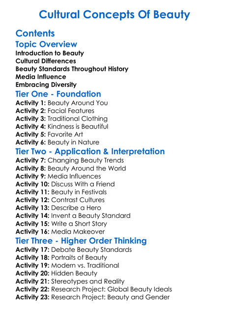 Cultural Concepts Of Beauty Worksheet Activity Booklet