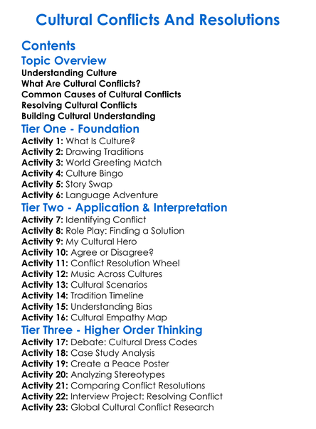Cultural Conflicts And Resolutions Worksheet Activity Booklet