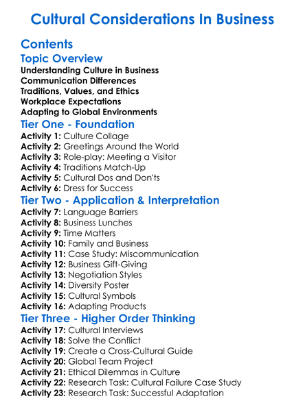 Cultural Considerations In Business Worksheet Activity Booklet