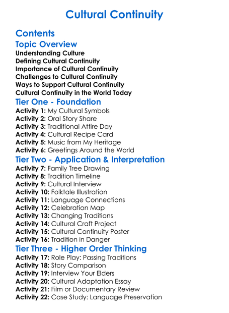 Cultural Continuity Worksheet Activity Booklet