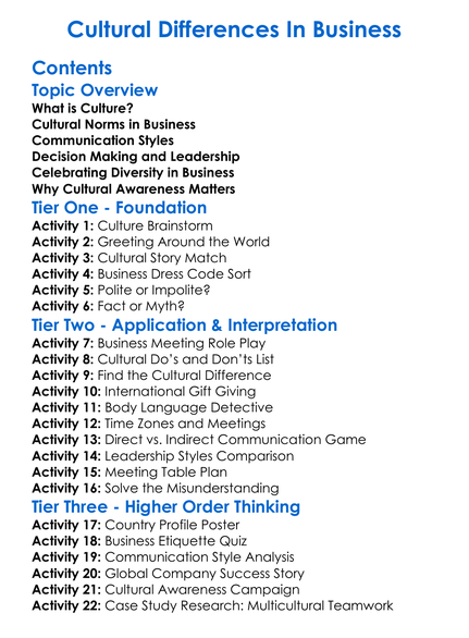 Cultural Differences In Business Worksheet Activity Booklet