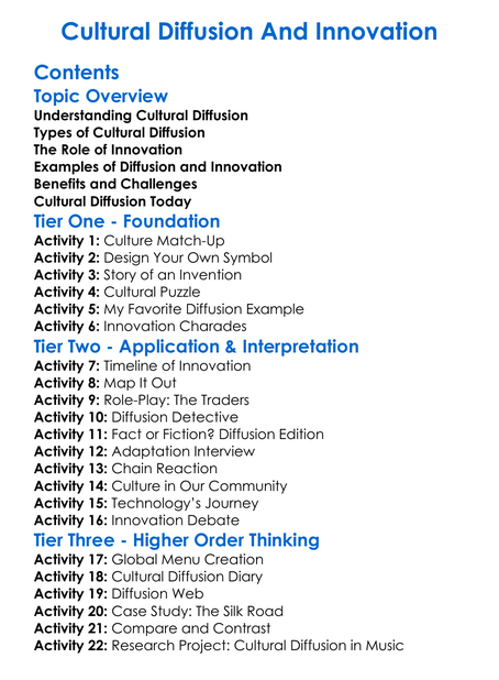 Cultural Diffusion And Innovation Worksheet Activity Booklet