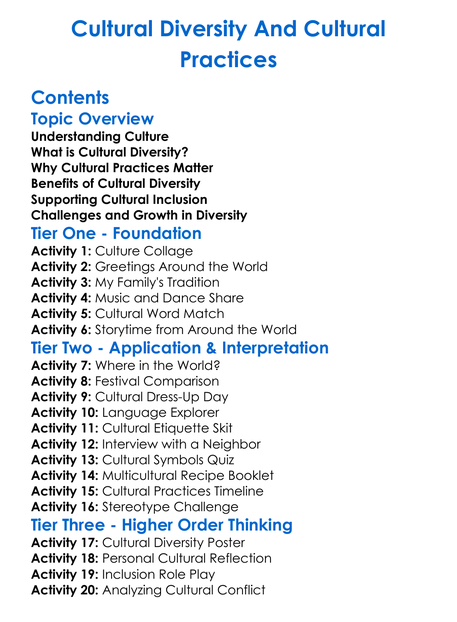 Cultural Diversity And Cultural Practices Worksheet Activity Booklet