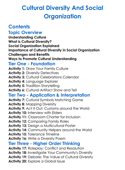 Cultural Diversity And Social Organization Worksheet Activity Booklet