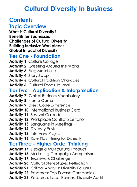Cultural Diversity In Business Worksheet Activity Booklet