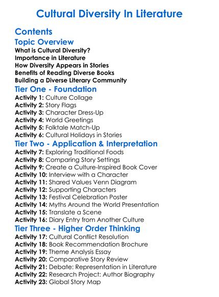 Cultural Diversity In Literature Worksheet Activity Booklet