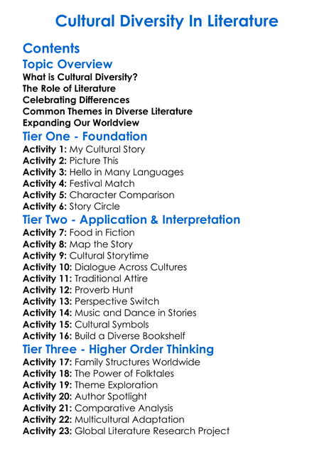 Cultural Diversity In Literature Worksheet Activity Booklet