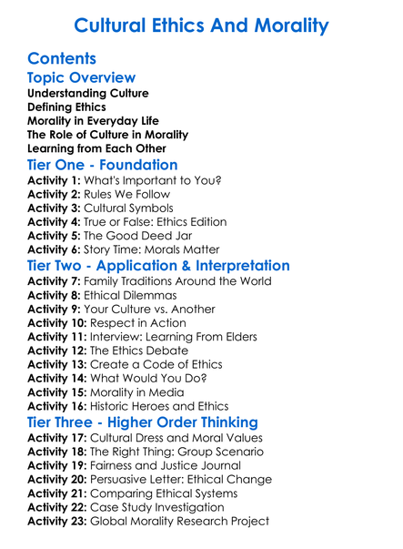 Cultural Ethics And Morality Worksheet Activity Booklet