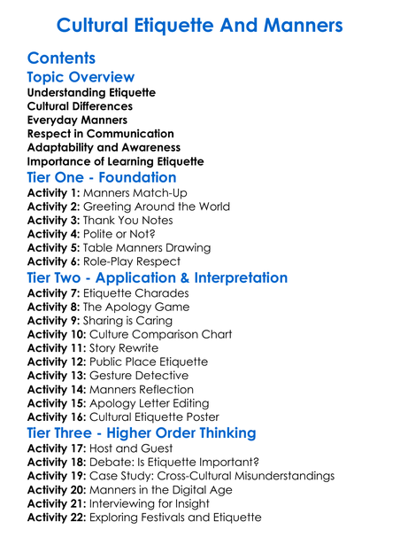 Cultural Etiquette And Manners Worksheet Activity Booklet