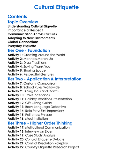 Cultural Etiquette Worksheet Activity Booklet