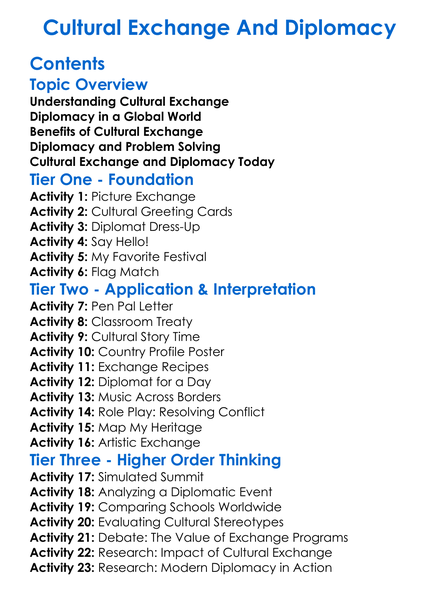 Cultural Exchange And Diplomacy Worksheet Activity Booklet