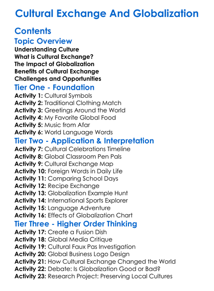 Cultural Exchange And Globalization Worksheet Activity Booklet