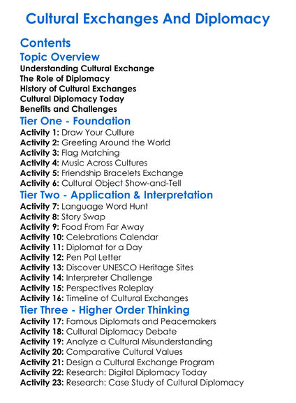 Cultural Exchanges And Diplomacy Worksheet Activity Booklet