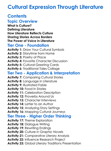 Cultural Expression Through Literature Worksheet Activity Booklet