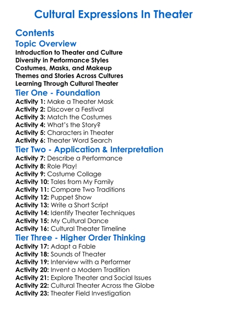 Cultural Expressions In Theater Worksheet Activity Booklet