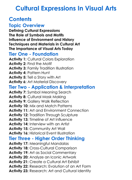 Cultural Expressions In Visual Arts Worksheet Activity Booklet