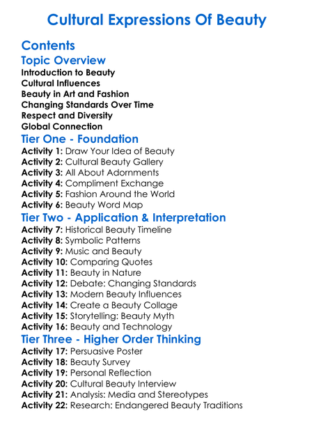Cultural Expressions Of Beauty Worksheet Activity Booklet