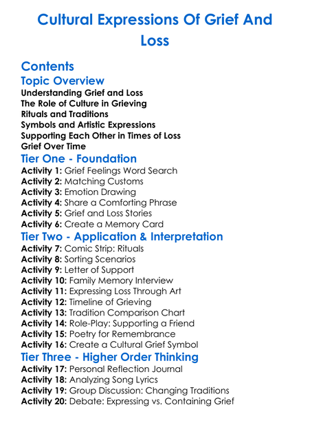 Cultural Expressions Of Grief And Loss Worksheet Activity Booklet