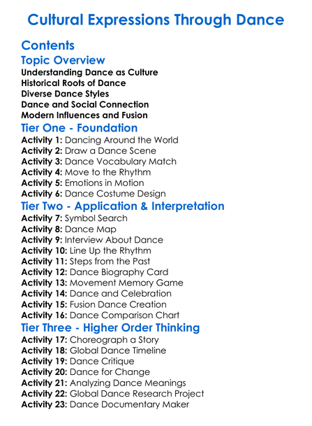 Cultural Expressions Through Dance Worksheet Activity Booklet