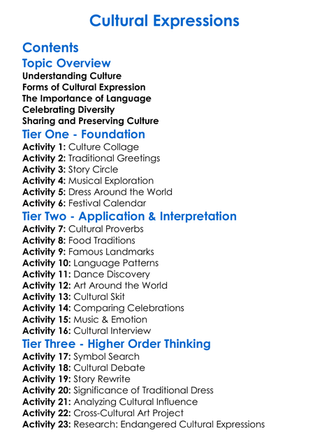 Cultural Expressions Worksheet Activity Booklet