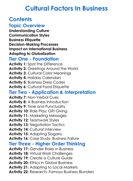 Cultural Factors In Business Worksheet Activity Booklet