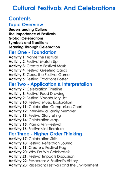 Cultural Festivals And Celebrations Worksheet Activity Booklet