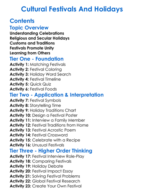 Cultural Festivals And Holidays Worksheet Activity Booklet