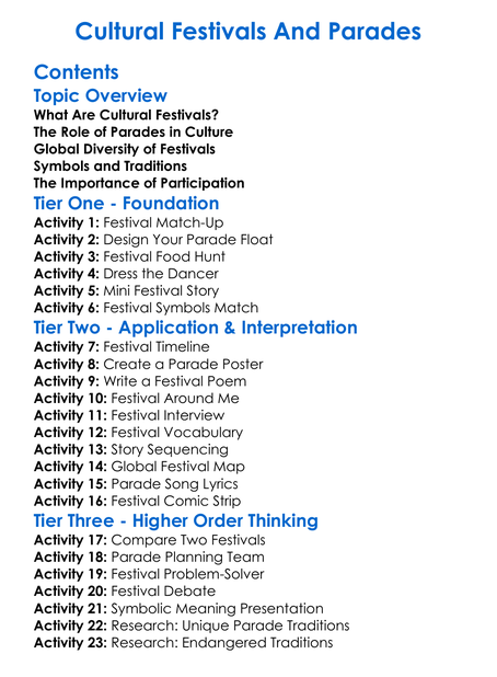 Cultural Festivals And Parades Worksheet Activity Booklet