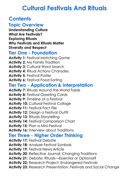Cultural Festivals And Rituals Worksheet Activity Booklet
