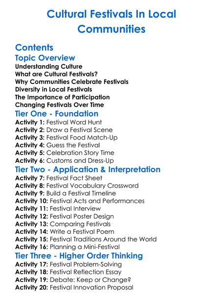 Cultural Festivals In Local Communities Worksheet Activity Booklet