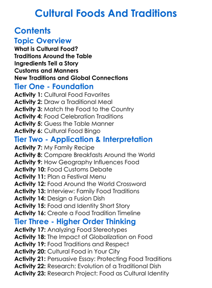Cultural Foods And Traditions Worksheet Activity Booklet