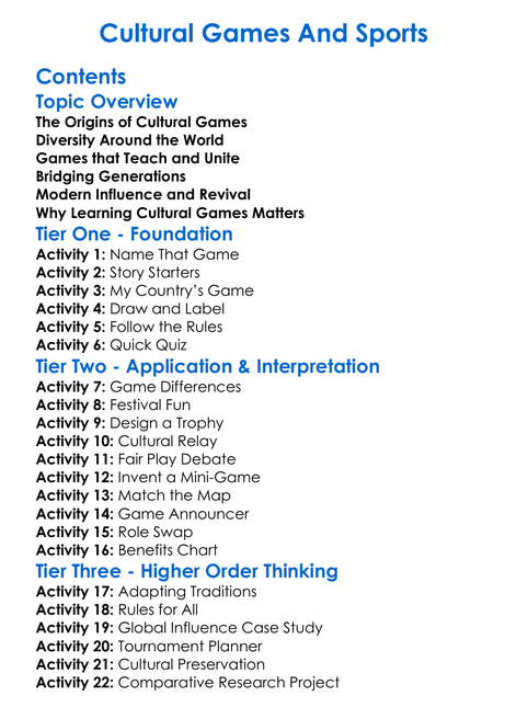 Cultural Games And Sports Worksheet Activity Booklet