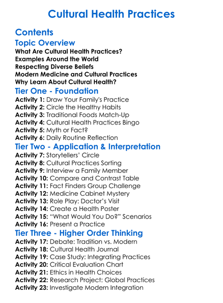 Cultural Health Practices Worksheet Activity Booklet