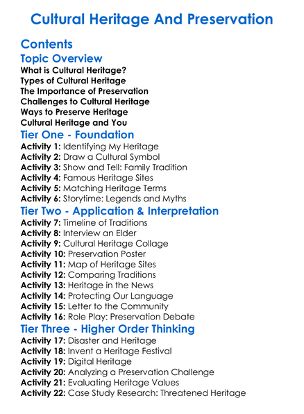 Cultural Heritage And Preservation Worksheet Activity Booklet