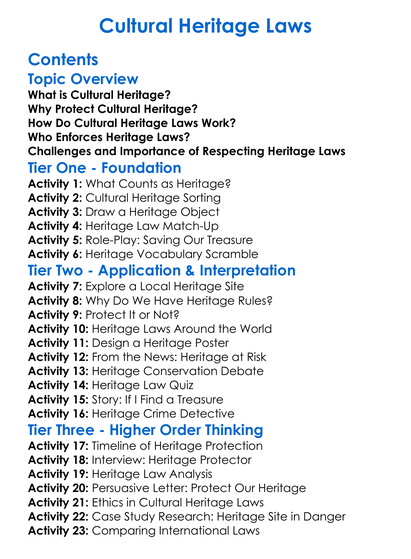Cultural Heritage Laws Worksheet Activity Booklet