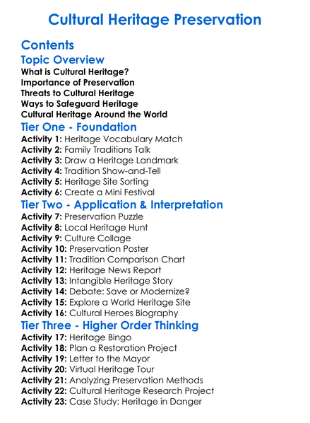 Cultural Heritage Preservation Worksheet Activity Booklet