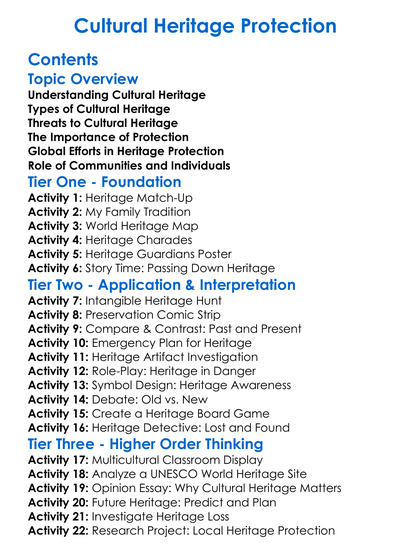 Cultural Heritage Protection Worksheet Activity Booklet