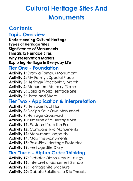 Cultural Heritage Sites And Monuments Worksheet Activity Booklet