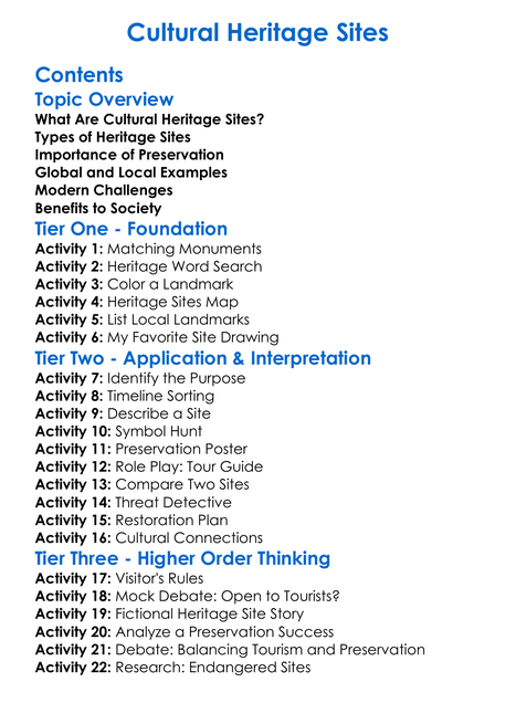 Cultural Heritage Sites Worksheet Activity Booklet