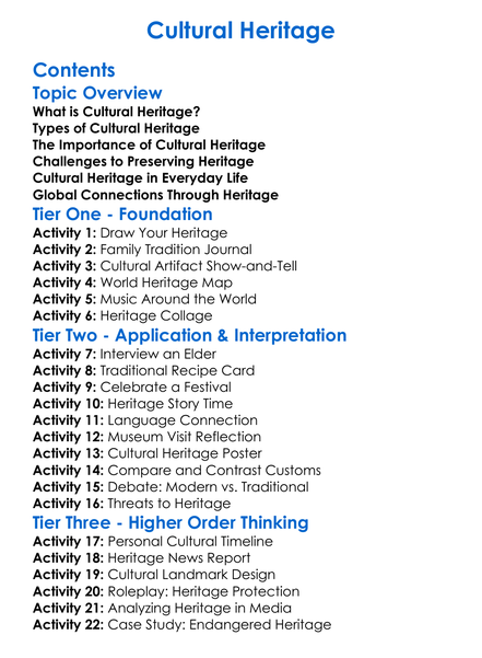 Cultural Heritage Worksheet Activity Booklet