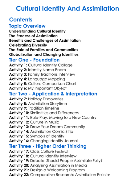 Cultural Identity And Assimilation Worksheet Activity Booklet