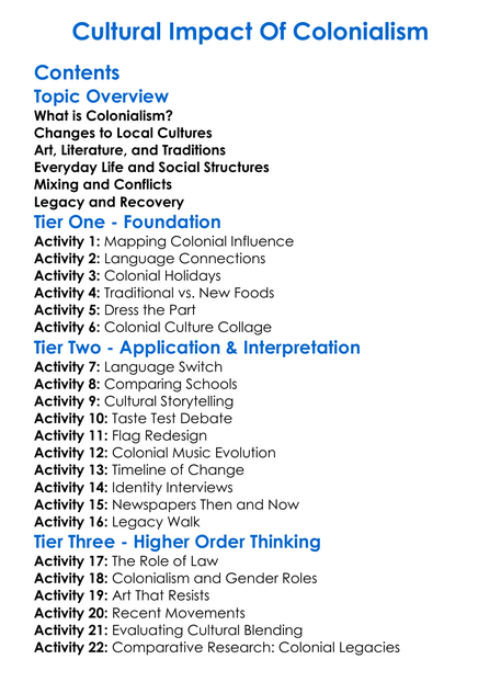 Cultural Impact Of Colonialism Worksheet Activity Booklet