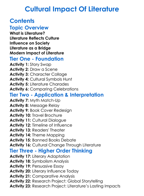 Cultural Impact Of Literature Worksheet Activity Booklet