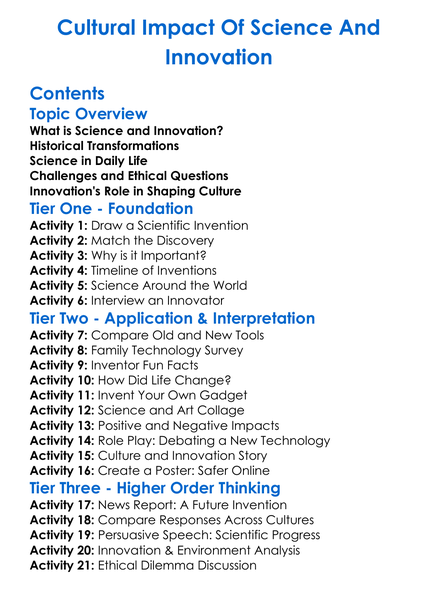 Cultural Impact Of Science And Innovation Worksheet Activity Booklet