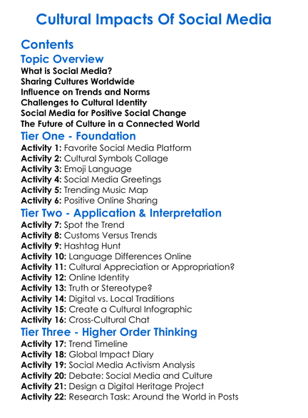 Cultural Impacts Of Social Media Worksheet Activity Booklet