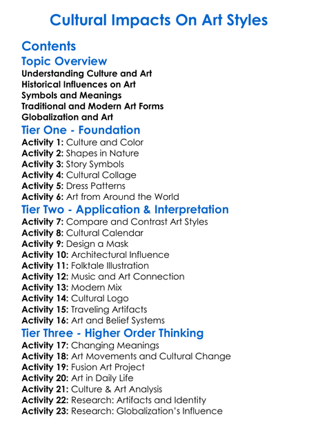 Cultural Impacts On Art Styles Worksheet Activity Booklet